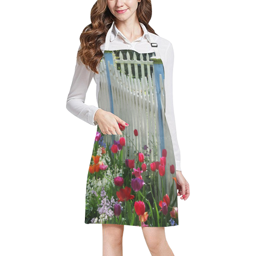 Tulips Garden Along White Picket Fence Photography apron All Over Print Apron
