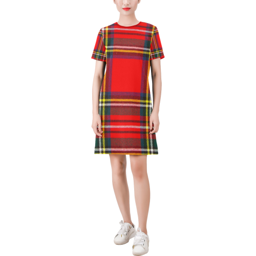 STEWART ROYAL MODERN HEAVY WEIGHT TARTAN Short-Sleeve Round Neck A-Line Dress (Model D47)