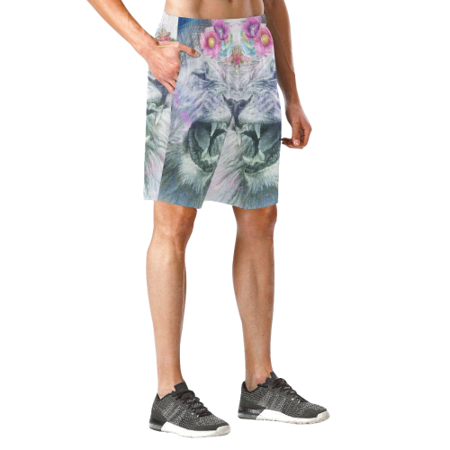 Pencil Sketch Lion and Flowers - Lion King Men's Board Shorts Men's All Over Print Elastic Beach Shorts (Model L20)