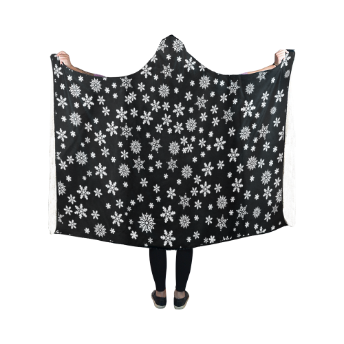 Christmas White Snowflakes on Black Hooded Blanket 50''x40''
