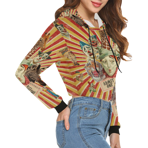Funny Vintage Circus Clowns All Over Print Crop Hoodie for Women (Model H22)