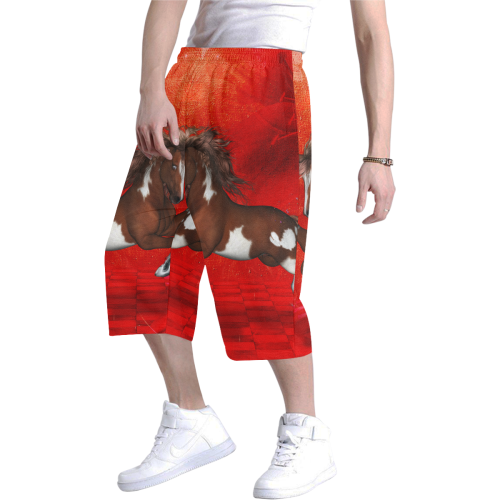 Wild horse on red background Men's All Over Print Baggy Shorts (Model L37)
