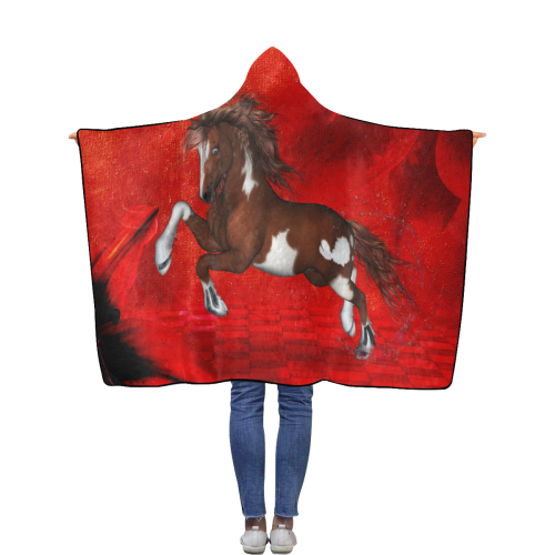 Wild horse on red background Flannel Hooded Blanket 40''x50''
