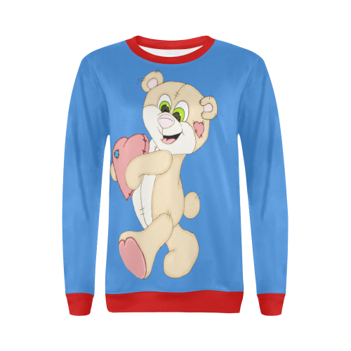 Patchwork Heart Teddy Blue/Red All Over Print Crewneck Sweatshirt for Women (Model H18)