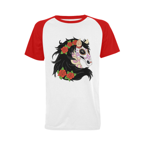 Sugar Skull Horse Red Roses Red Men's Raglan T-shirt Big Size (USA Size) (Model T11)
