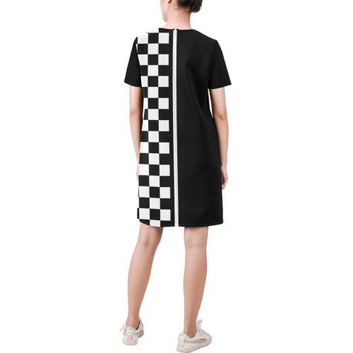 Sleek Ska Checks and Stripes by ArtformDesigns Short-Sleeve Round Neck A-Line Dress (Model D47)