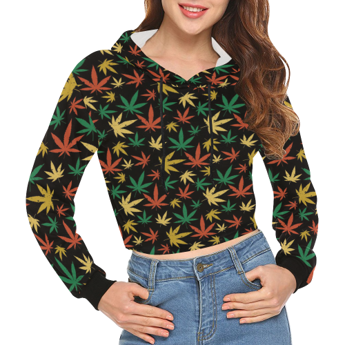 Cannabis Pattern All Over Print Crop Hoodie for Women (Model H22)