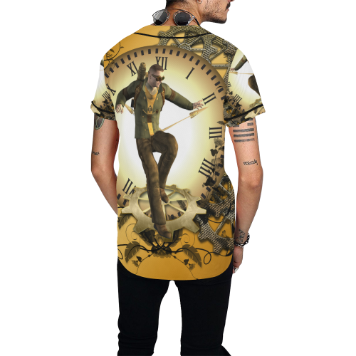 Steampunk, man, clocks and gears All Over Print Baseball Jersey for Men (Model T50)