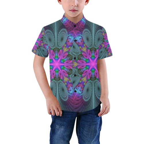 Mandala From Center Colorful Spiritual Fractal Art With Pink Boys' All Over Print Short Sleeve Shirt (Model T59)