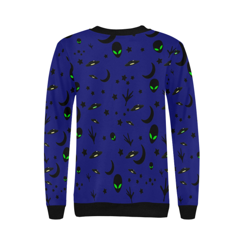 Alien Flying Saucers Stars Pattern on Blue Women's Rib Cuff Crew Neck Sweatshirt (Model H34)