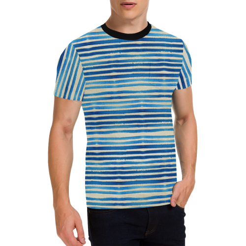 Watercolor STRIPES grunge pattern - blue Men's All Over Print T-Shirt with Chest Pocket (Model T56)