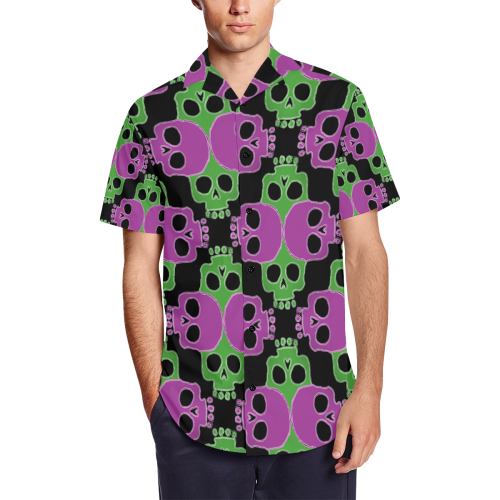 Skull Jigsaw Green Pink Men's Short Sleeve Shirt with Lapel Collar (Model T54)