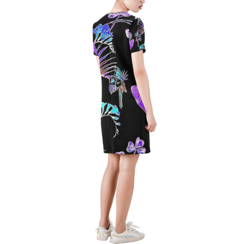 Flowers and Birds B by JamColors Short-Sleeve Round Neck A-Line Dress (Model D47)