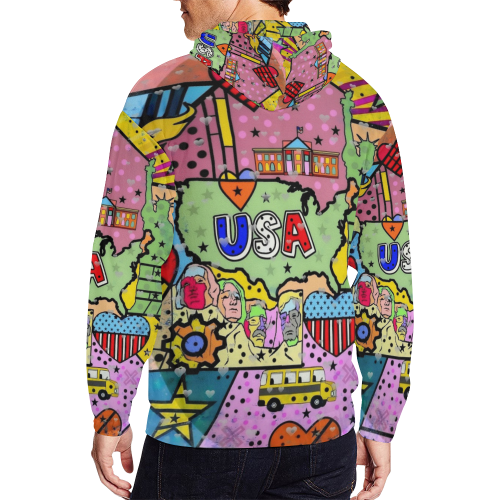USA Popart by Nico Bielow All Over Print Full Zip Hoodie for Men/Large Size (Model H14)