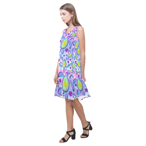 Sea Turtle and Sun Abstract Glitch Ultraviolet Sleeveless Splicing Shift Dress(Model D17)