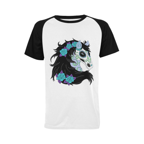 Sugar Skull Horse Turquoise Roses Black Men's Raglan T-shirt (USA Size) (Model T11)