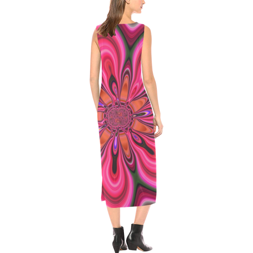 Pink Dahlia Flower Fractal Abstract Phaedra Sleeveless Open Fork Long Dress (Model D08)