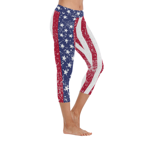 American Flag Distressed Women's Low Rise Capri Leggings (Invisible Stitch) (Model L08)