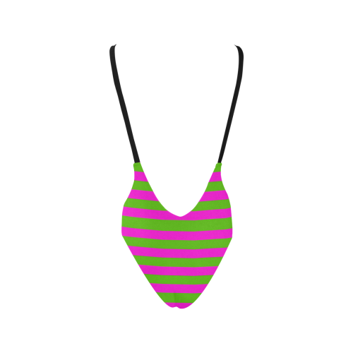 Pink Green Stripes Sexy Low Back One-Piece Swimsuit (Model S09)