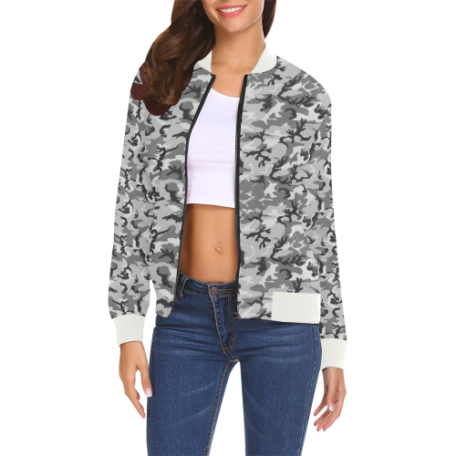 Woodland Urban City Black/Gray Camouflage All Over Print Bomber Jacket for Women (Model H19)