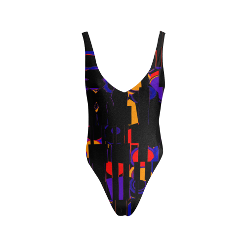 Black plus Color Abstract Sexy Low Back One-Piece Swimsuit (Model S09)
