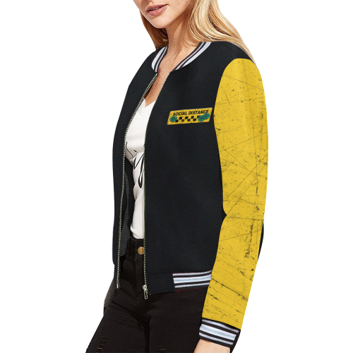 black and yellow social distance virus warning All Over Print Bomber Jacket for Women (Model H21)