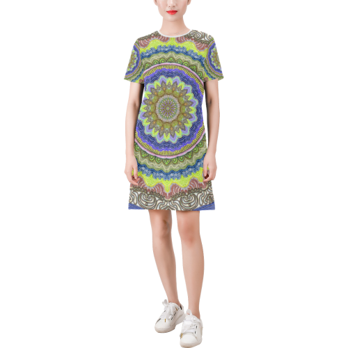 mandala neon 5 Short-Sleeve Round Neck A-Line Dress (Model D47)