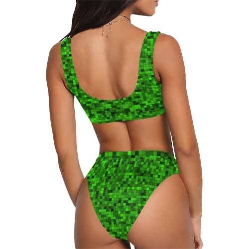 Green Mosaic Sport Top & High-Waisted Bikini Swimsuit (Model S07)