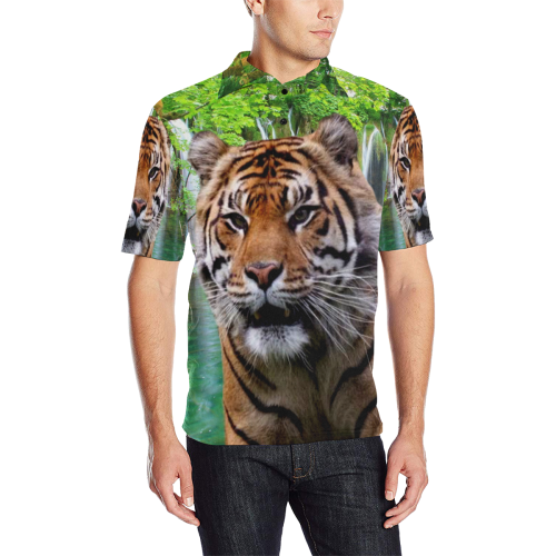 Tiger and Waterfall Men's All Over Print Polo Shirt (Model T55)