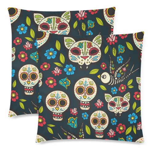 Sugar Skulls And Flowers Pattern Custom Zippered Pillow Cases 18"x 18" (Twin Sides) (Set of 2)