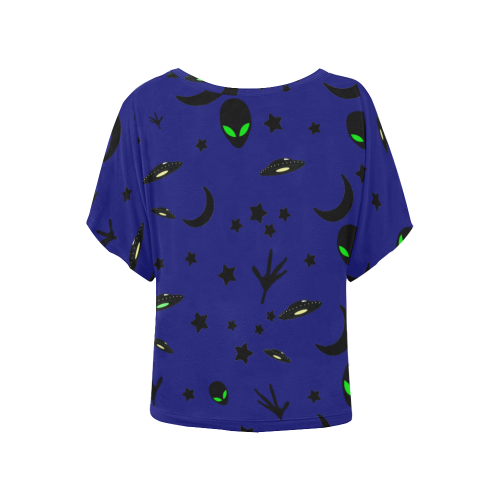 Alien Flying Saucers Stars Pattern on Blue Women's Batwing-Sleeved Blouse T shirt (Model T44)
