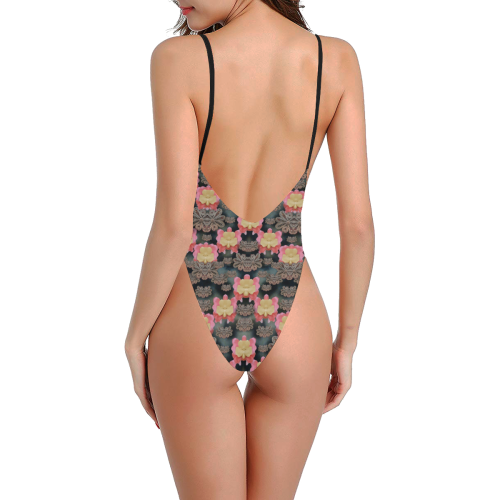 Heavy Metal meets power of the big flower Sexy Low Back One-Piece Swimsuit (Model S09)
