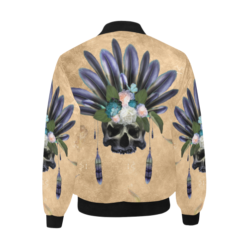 Cool skull with feathers and flowers All Over Print Quilted Bomber Jacket for Men (Model H33)