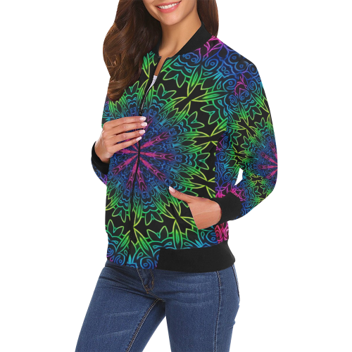 Rainbow Scratch Art Mandala Kaleidoscope Abstract All Over Print Bomber Jacket for Women (Model H19)