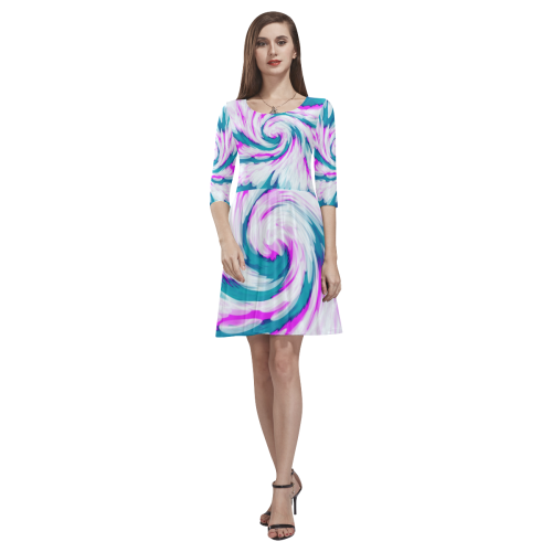 Turquoise Pink Tie Dye Swirl Abstract Tethys Half-Sleeve Skater Dress(Model D20)