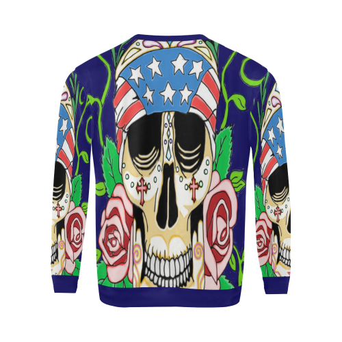 Biker Sugar Skull Dark Blue All Over Print Crewneck Sweatshirt for Men (Model H18)