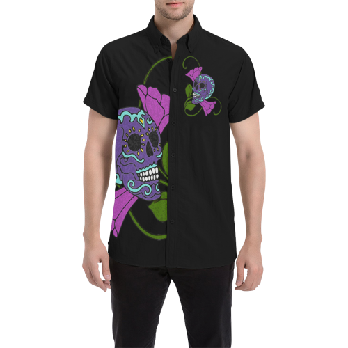 Día De Los Muertos Skull Flowers Men's All Over Print Short Sleeve Shirt (Model T53)