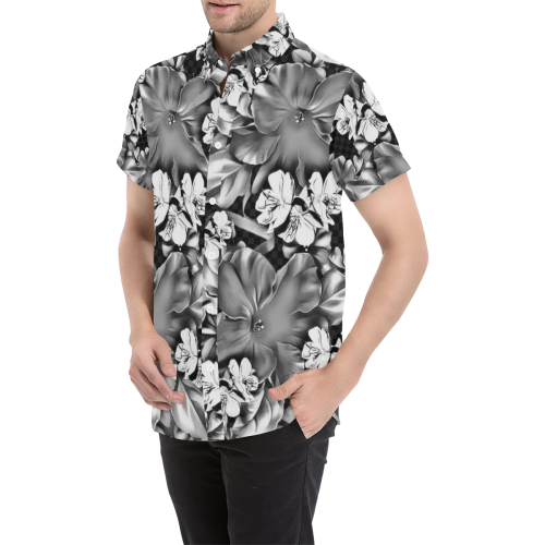 Grey and White Flowers Design By Me by Doris Clay-Kersey Men's All Over Print Short Sleeve Shirt (Model T53)