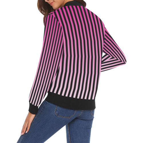 Pink Ombre Stripes on Black All Over Print Bomber Jacket for Women (Model H19)