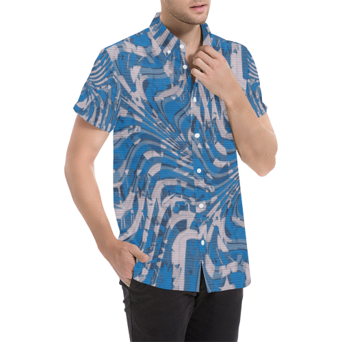 Blue and Grey Psychedelia Print Button Down Men's All Over Print Short Sleeve Shirt (Model T53)