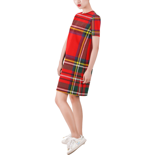 STEWART ROYAL MODERN HEAVY WEIGHT TARTAN Short-Sleeve Round Neck A-Line Dress (Model D47)