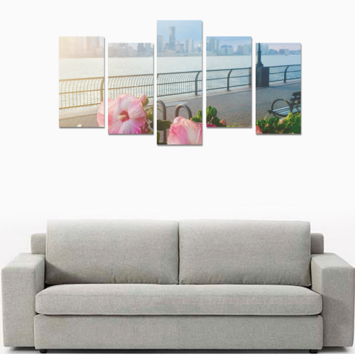 Battery Park New York City Skyline with Pink Hibiscus Flowers Canvas Print Sets E (No Frame)