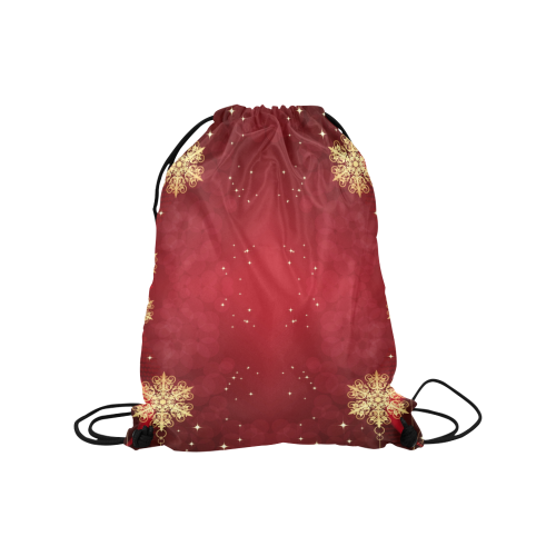 Golden Christmas Snowflake Ornaments on Red Medium Drawstring Bag Model 1604 (Twin Sides) 13.8"(W) * 18.1"(H)