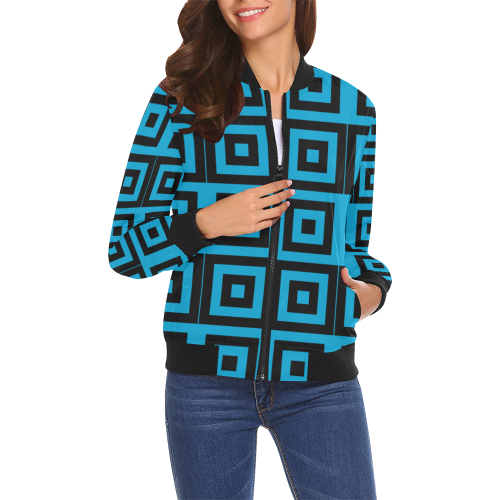 Blue-Black Pattern All Over Print Bomber Jacket for Women (Model H19)