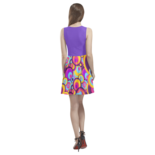 Retro Circles Groovy Violet, Yellow, Blue Colors Thea Sleeveless Skater Dress(Model D19)