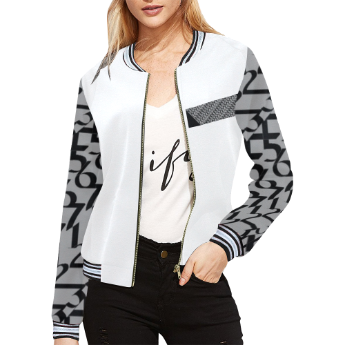 NUMBERS Collection 1234567 White/Gray/Blk All Over Print Bomber Jacket for Women (Model H21)