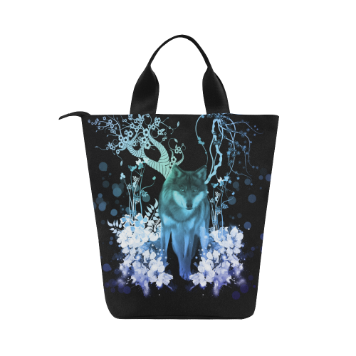 Awesome wolf with flowers Nylon Lunch Tote Bag (Model 1670)