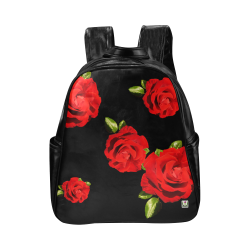 Fairlings Delight's Black Luxury Collection- Red Rose Multi-Pockets Backpack 53086b Multi-Pockets Backpack (Model 1636)