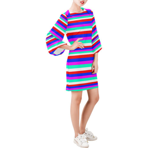 Colored Stripes - Fire Red Royal Blue Pink Mint Wh Bell Sleeve Dress (Model D52)
