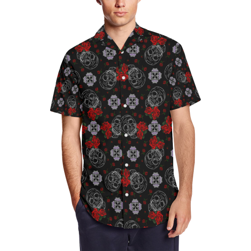 Crowns and Roses Gothic Skull print Men's Short Sleeve Shirt with Lapel Collar (Model T54)